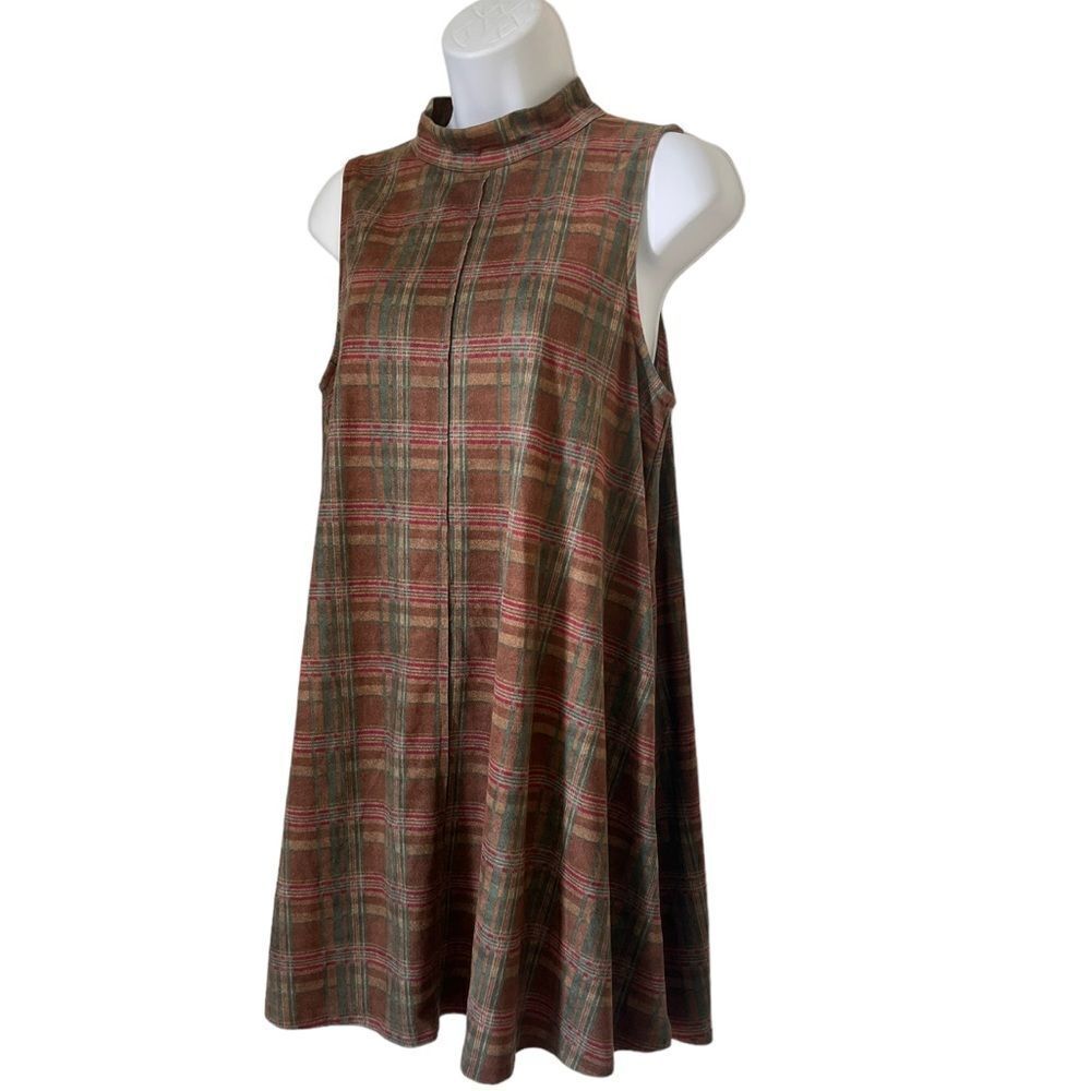 Sleeveless Plaid Swing Dress in Brown and Olive